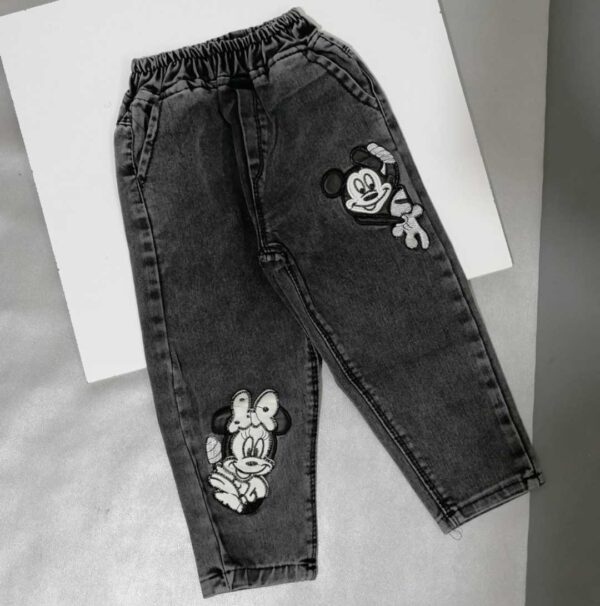 شلوار لی دخترانه مشکی طرح میکی موس مناسب 1 تا 12 سال