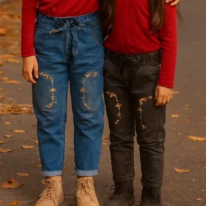 شلوار مام فیت دخترانه گل نقاشی | 5 تا 12 سال